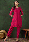 Schiffli Embroidered Cotton Scalloped Straight Kurta Set in Fuchsia