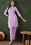 Schiffli Embroidered Cotton Scalloped Straight Kurta Set in Purple