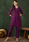Schiffli Embroidered Cotton Scalloped Straight Kurta Set in Wine
