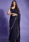 Sequinned Georgette Saree in Navy Blue