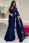 Sequinned Georgette Saree in Navy Blue