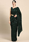 Sequinned Georgette Scalloped Saree in Dark Green