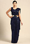 Sequinned Georgette Scalloped Saree in Navy Blue