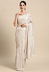 Sequinned Georgette Scalloped Saree in Off White