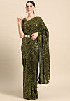 Sequinned Georgette Scalloped Saree in Olive Green