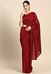Sequinned Georgette Scalloped Saree in Red