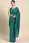 Sequinned Georgette Scalloped Saree in Teal Blue