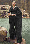 Sequinned Net Scalloped Saree in Black