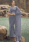 Sequinned Net Scalloped Saree in Grey