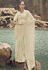 Sequinned Net Scalloped Saree in Off White
