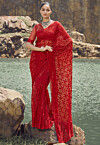 Sequinned Net Scalloped Saree in Red