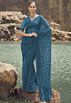 Sequinned Net Scalloped Saree in Teal Blue