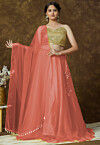 Sequinned Organza Lehenga in Peach