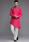 Solid Color Art Silk Asymmetric Kurta Set in Fuchsia