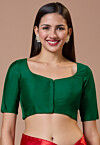 Solid Color Art Silk Blouse in Dark Green