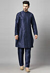 Solid Color  Art Silk Front Slit Kurta Set in Navy Blue