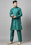 Solid Color  Art Silk Front Slit Kurta Set in Teal Green