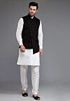 Solid Color Art Silk Jacquard Kurta Set in Off White