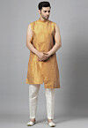 Solid Color Art Silk Kurta Set in Beige