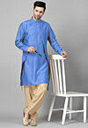 Solid Color Art Silk Kurta Set in Blue