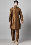 Solid Color Art Silk Kurta Set in Brown