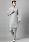 Solid Color Art Silk Kurta Set in Grey