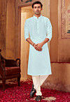 Solid Color Art Silk Kurta Set in Light Blue