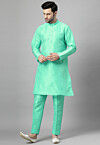 Solid Color Art Silk Kurta Set in Light Green