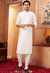 Solid Color Art Silk Kurta Set in Off White