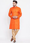 Solid Color Art Silk Kurta Set in Orange