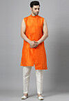 Solid Color Art Silk Kurta Set in Orange