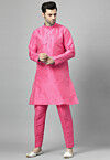 Solid Color Art Silk Kurta Set in Pink