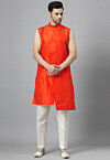 Solid Color Art Silk Kurta Set in Red