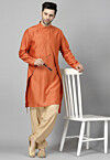 Solid Color Art Silk Kurta Set in Rust