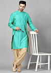 Solid Color Art Silk Kurta Set in Teal Green