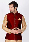 Solid Color Art Silk Nehru Jacket in Maroon