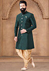 Solid Color Art Silk Sherwani in Green