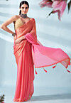 Solid Color Chiffon Saree in Pink and Golden