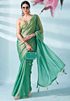 Solid Color Chiffon Saree in Sea Green and Golden