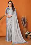 Solid Color Chinon Silk Saree in Grey