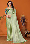 Solid Color Chinon Silk Saree in Light Green