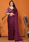 Solid Color Chinon Silk Saree in Wine