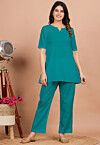Solid Color Cotton Co Ord Set in Teal Green