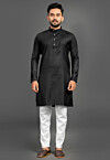 Solid Color Cotton Kurta Set in Black