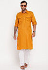 Solid Color Cotton Kurta Set in Mustard