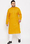 Solid Color Cotton Kurta Set in Mustard
