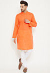 Solid Color Cotton Kurta Set in Orange