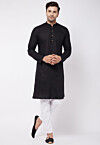 Solid Color Cotton Linen Kurta Set in Black