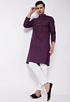 Solid Color Cotton Linen Kurta Set in Dark Purple