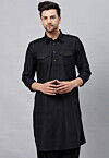 Solid Color Cotton Pathani Kurta in Black